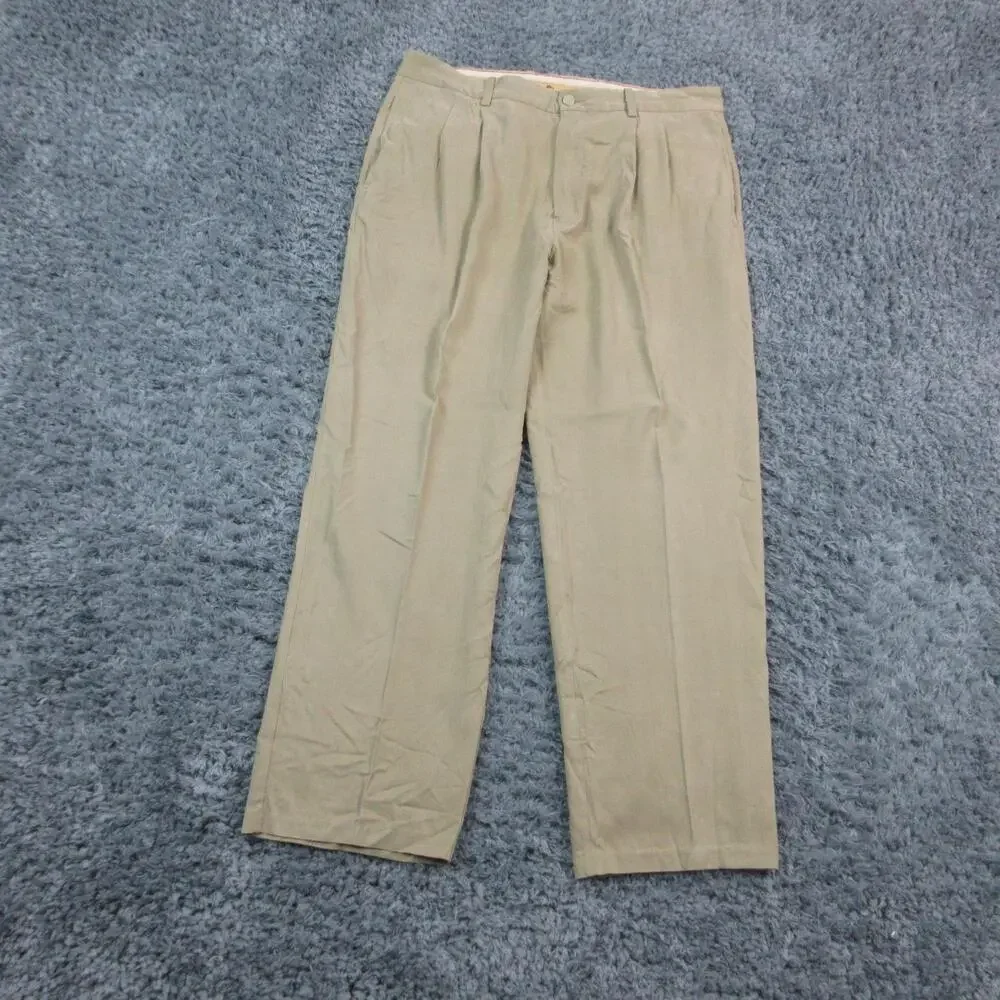 Tommy Bahama Pants Mens 35x30 Khaki Beige Silk Blend Dress Slacks Pleated 35x28*